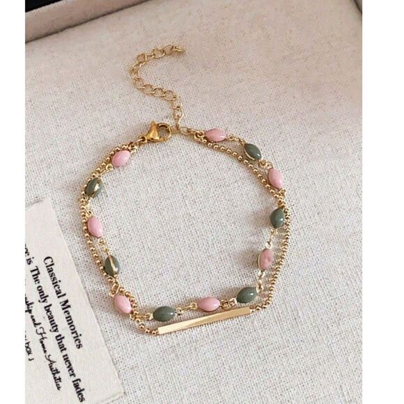 Double Layer Oval Enamal Bead Gold Chain Bracelet Adjustable 2-Tone Pastel Pink - Picture 2 of 4
